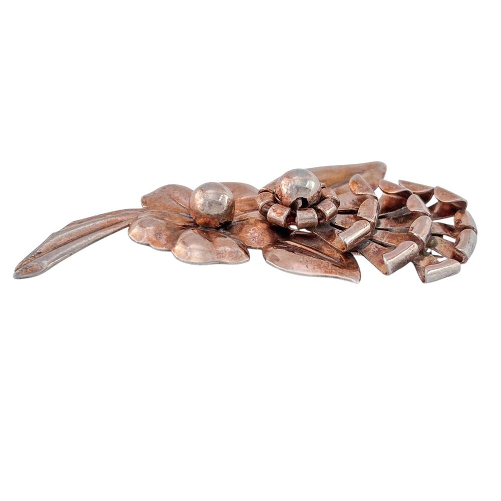 Vintage Rose Gold Vermeil Sterling 925 Silver Double Flower Brooch - Picture 6 of 9